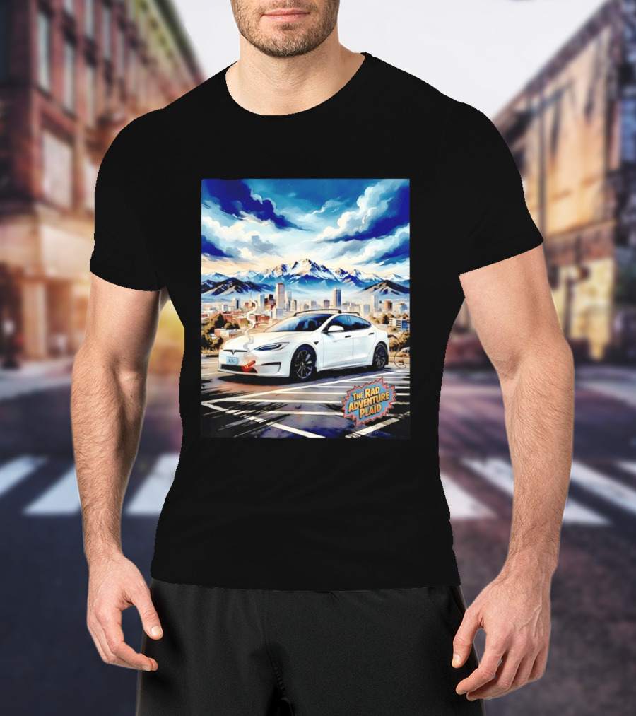 The Rad Adventure Plaid Electric Car Scenic Mountain Cityscape T-Shirt