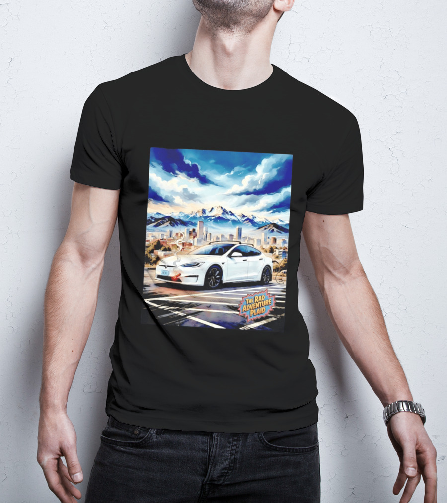 The Rad Adventure Plaid Electric Car Scenic Mountain Cityscape T-Shirt