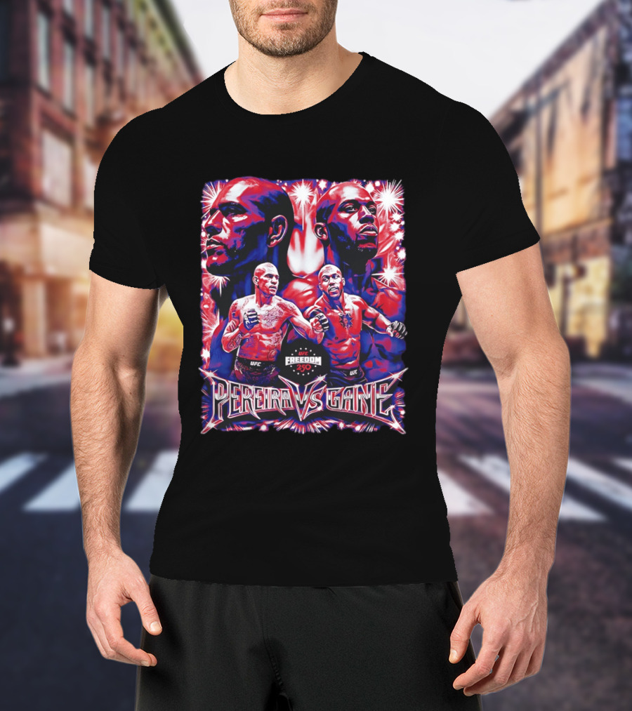 UFC Freedom 250 Pereira Vs Gane Event With Dramatic Fighter Portraits T-Shirt