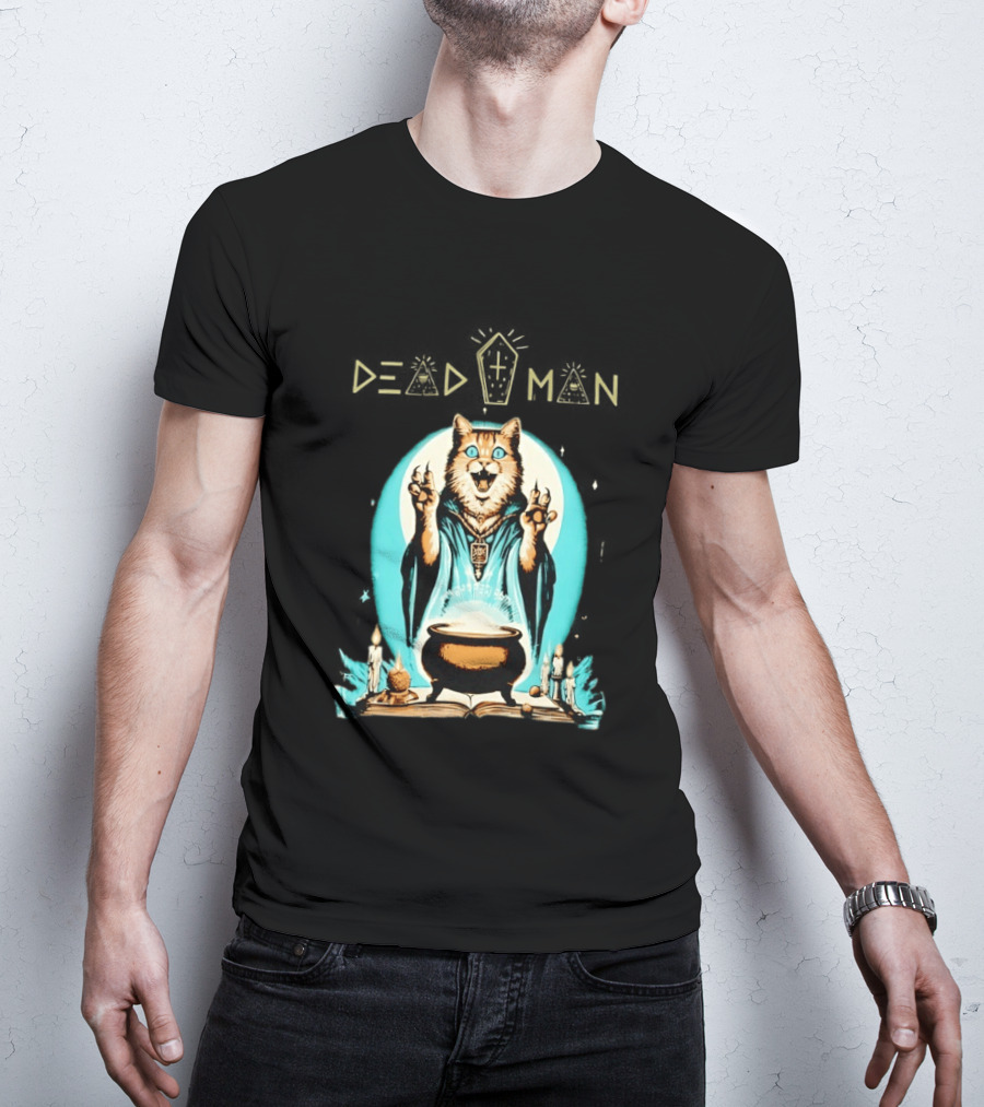 Wizard Cat Casting Spell With Cauldron And Candles Dead Man T-Shirt