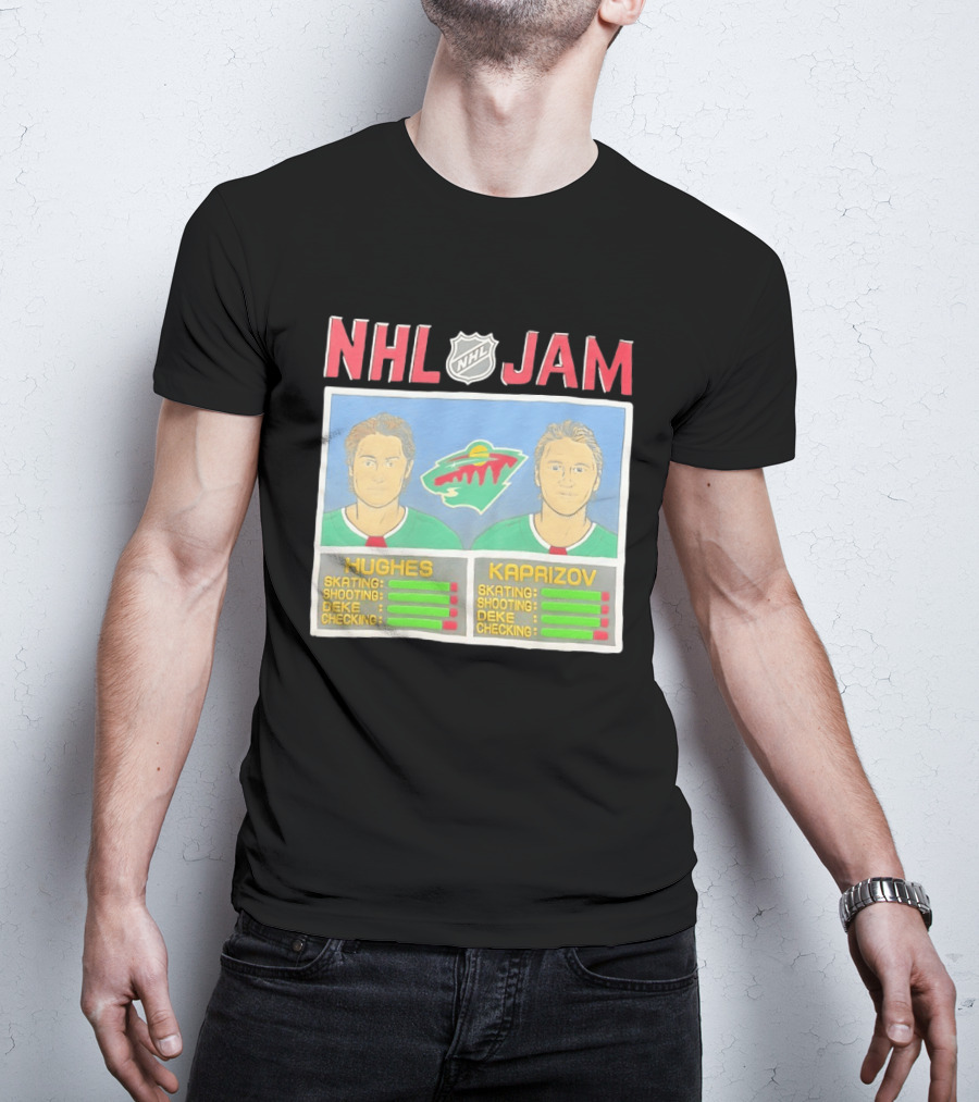 NHL Jam Hughes Kaprizov Minnesota Wild Skating Shooting Deke Checking T-Shirt