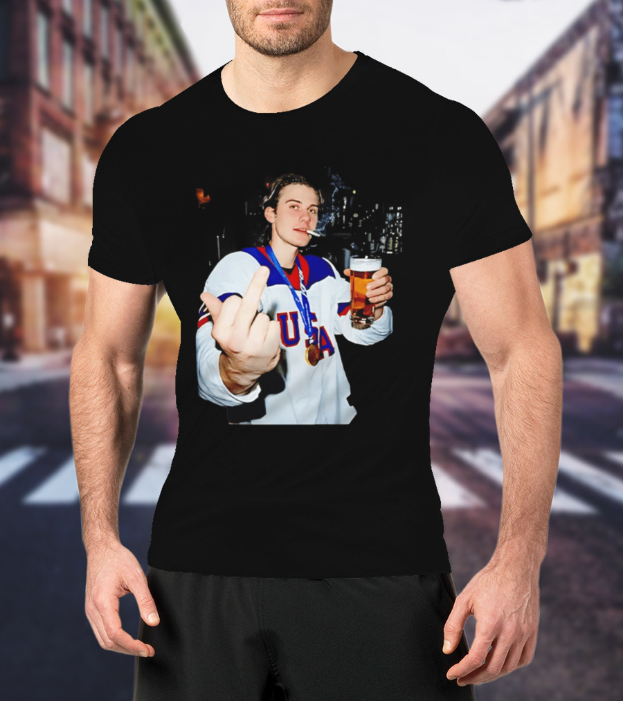 USA Hockey Player Victory Celebration Smoking Beer Middle Finger T-Shirt