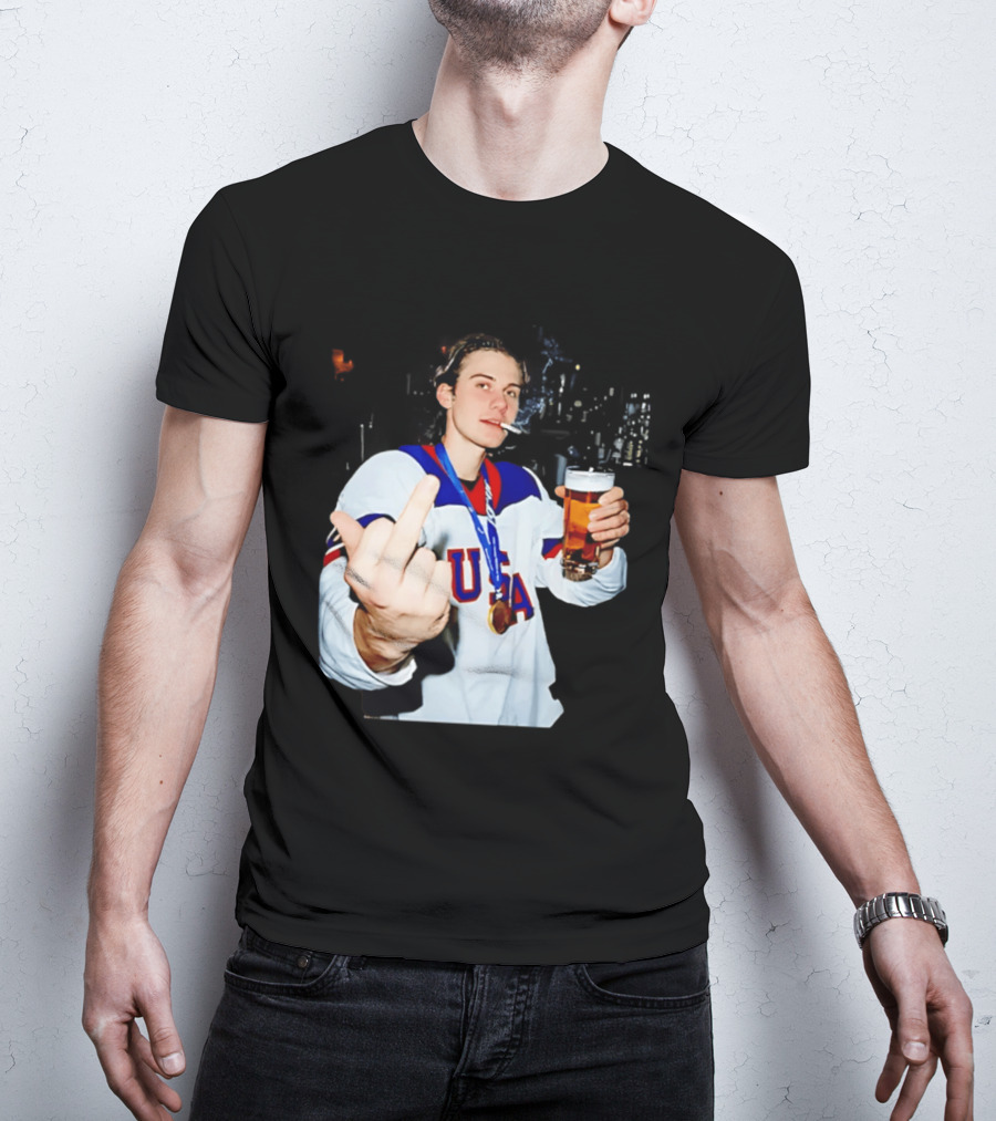 USA Hockey Player Victory Celebration Smoking Beer Middle Finger T-Shirt