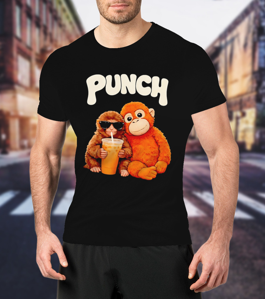 PUNCH Brown Monkey With Orange Plush And Iced Drink T-Shirt
