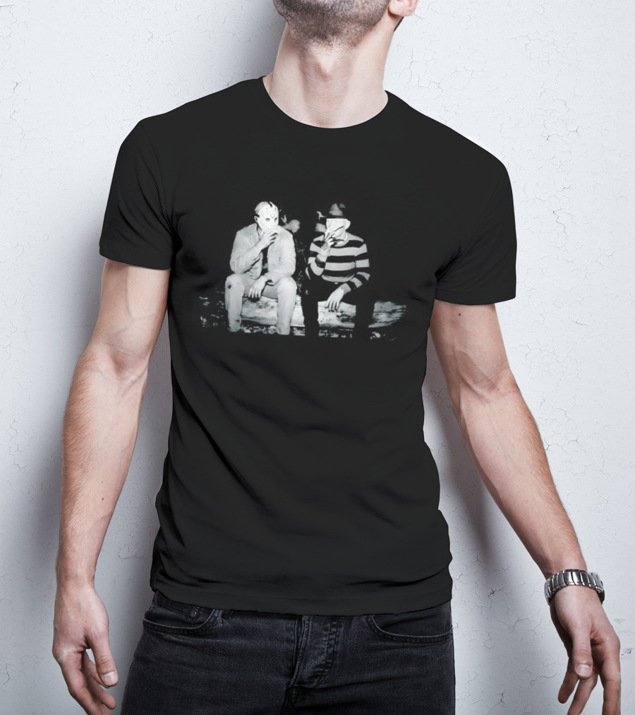 Jason Voorhees Freddy Krueger Smoking On Log Retro Horror Movie T-Shirt