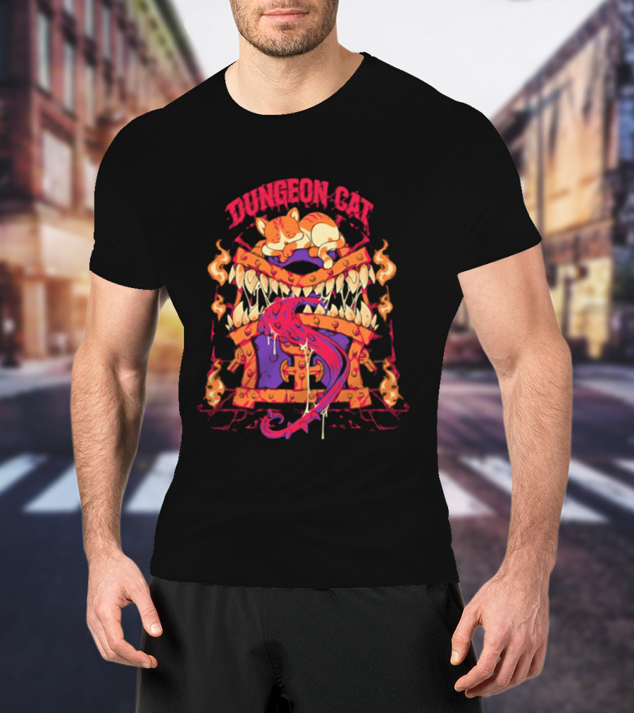 Dungeon Cat Sleeping On Monstrous Chest Surrounded By Flames And Tentacles T-Shirt