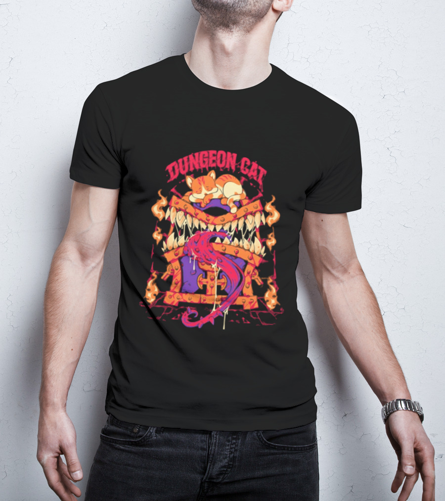 Dungeon Cat Sleeping On Monstrous Chest Surrounded By Flames And Tentacles T-Shirt