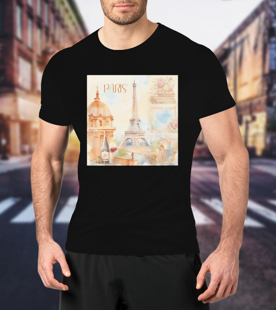 Paris Printemps Eiffel Tower Wine Flowers Books T-Shirt