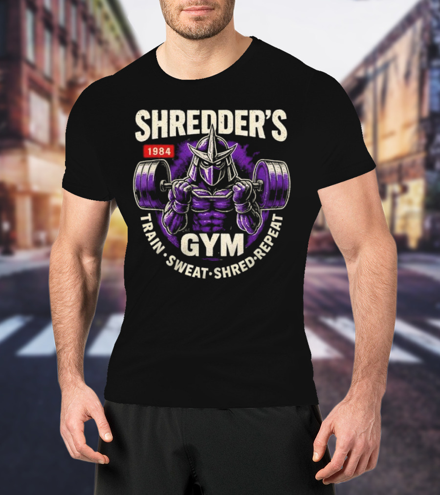 Shredder's 1984 Gym Train Sweat Shred Repeat Ninja Warrior Fitness T-Shirt