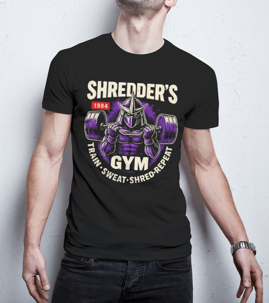 Shredder's 1984 Gym Train Sweat Shred Repeat Ninja Warrior Fitness T-Shirt