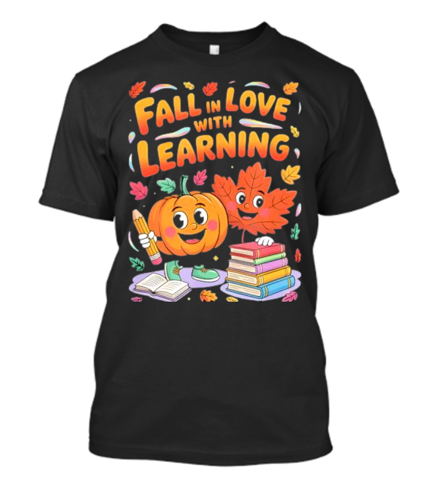 Fall In Love With Learning Autumn Pumpkin And Leaf With Books And Stationery T-Shirt