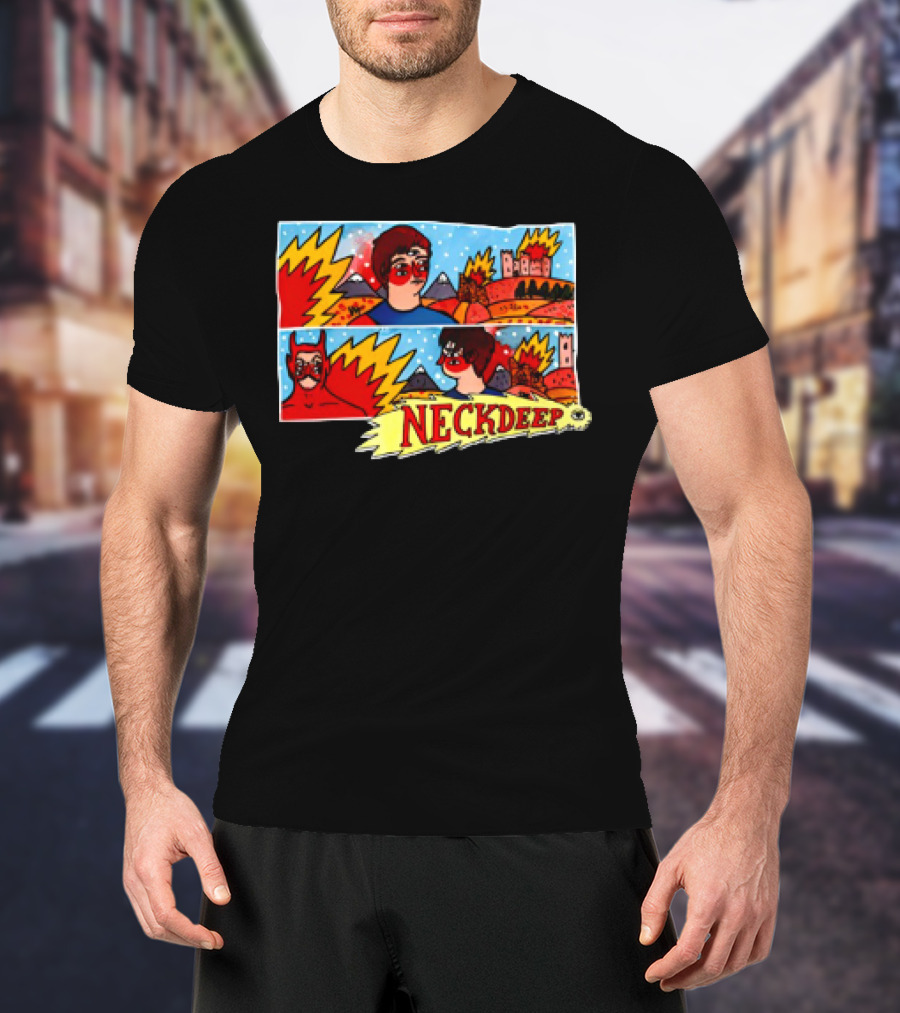 Neck Deep 10 Year Anniversary Comic Style Superhero Scene T-Shirt