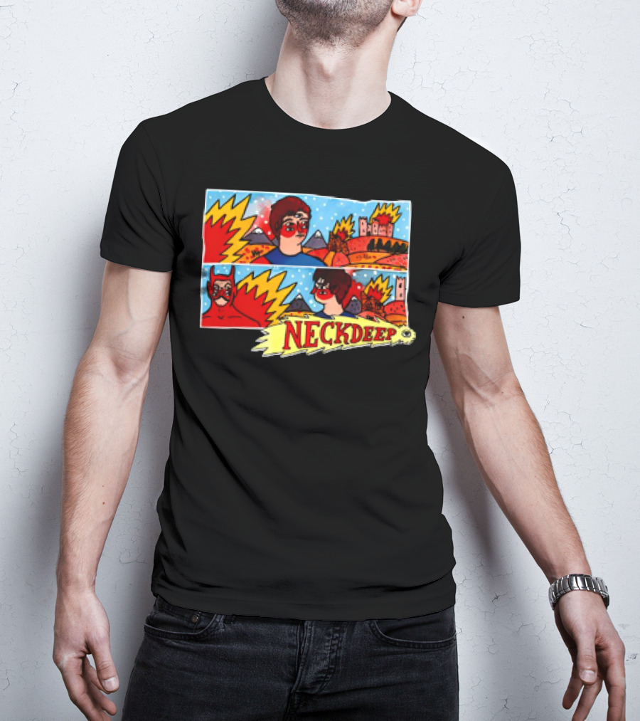 Neck Deep 10 Year Anniversary Comic Style Superhero Scene T-Shirt