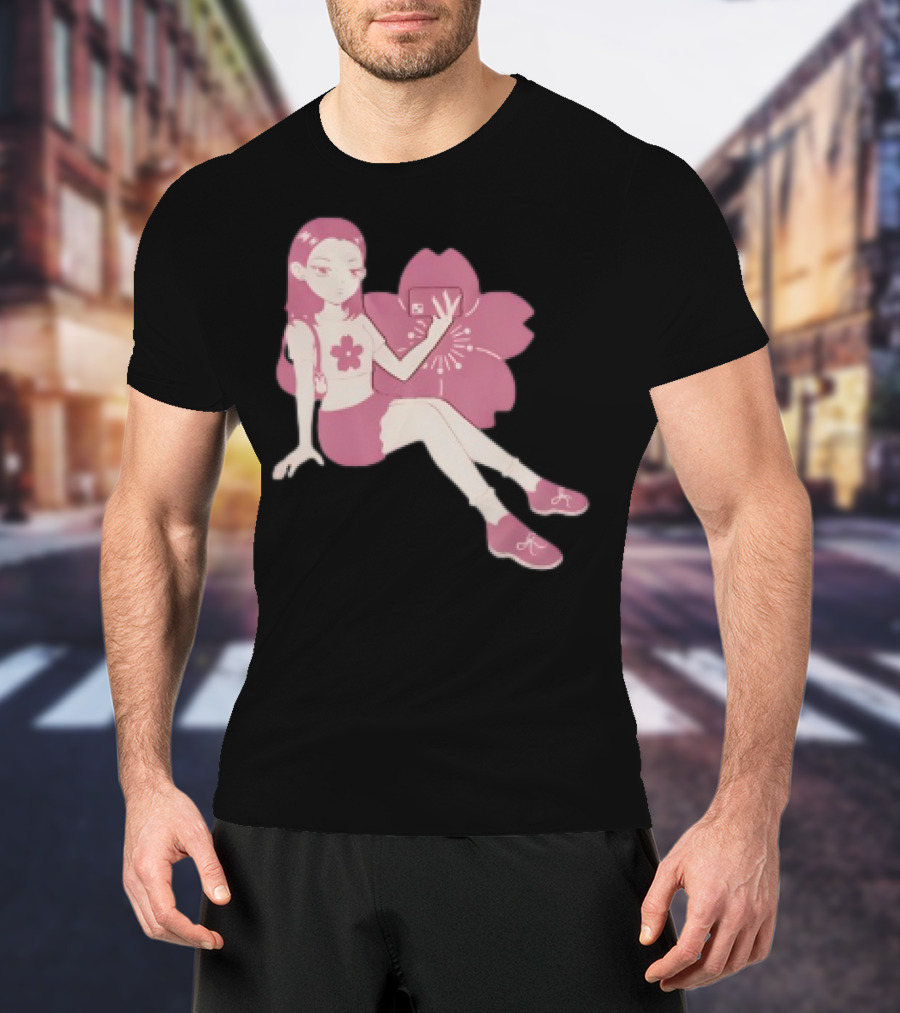 Mandys Brown Anime Style Girl Sakura Blossom Pattern T-Shirt