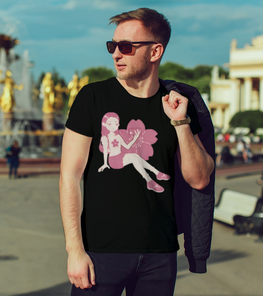 Mandys Brown Anime Style Girl Sakura Blossom Pattern T-Shirt