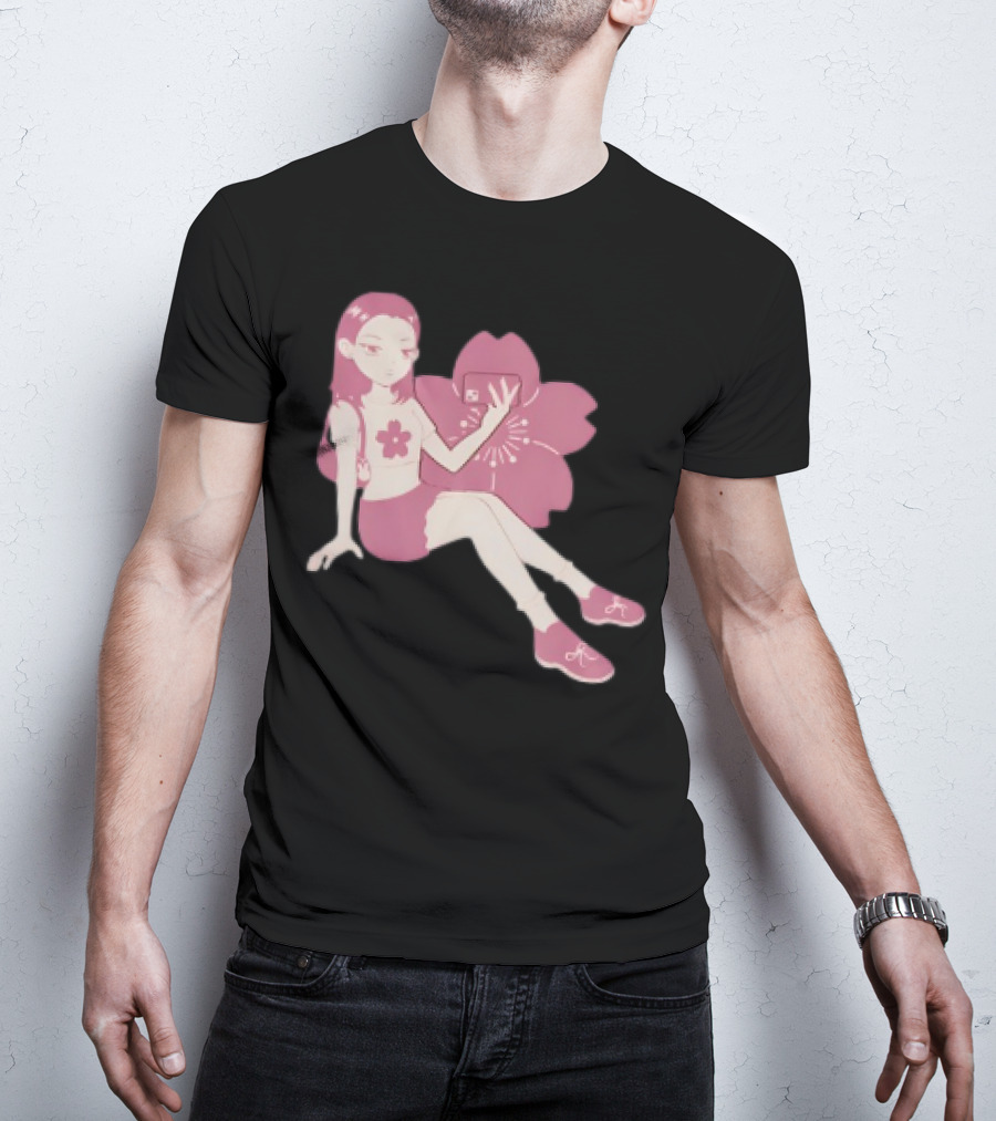 Mandys Brown Anime Style Girl Sakura Blossom Pattern T-Shirt