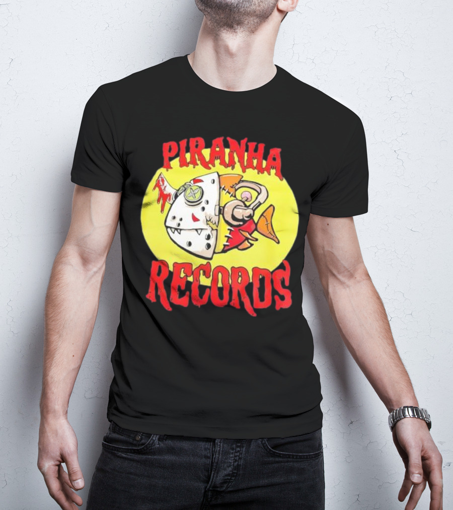 Piranha Records Cartoon Fish Bite Graphic T-Shirt