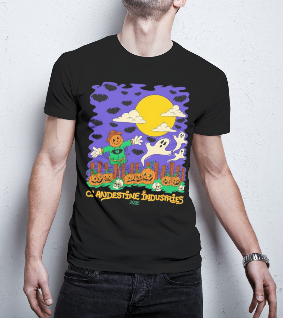 Clandestine Industries 2005 Halloween Scarecrow Ghosts Pumpkins Bats T-Shirt
