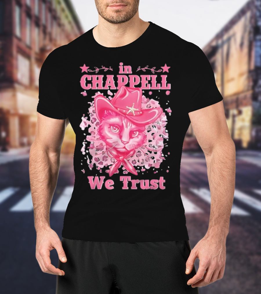 Cute Retro Cat In Chappell We Trust Cowboy Hat Pink Stars T-Shirt