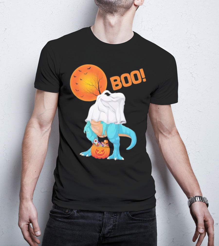 Ghost Dinosaur Rex Boo Halloween Pumpkin Boys Men T-Shirt