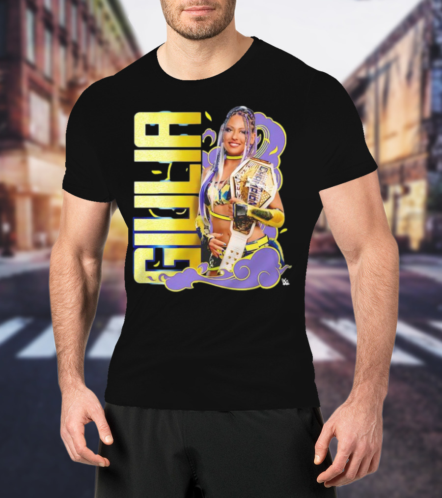 Giulia Smoke Champion Wrestling Character With Belt And Yellow Purple Accents T-Shirt