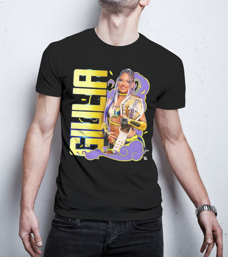 Giulia Smoke Champion Wrestling Character With Belt And Yellow Purple Accents T-Shirt