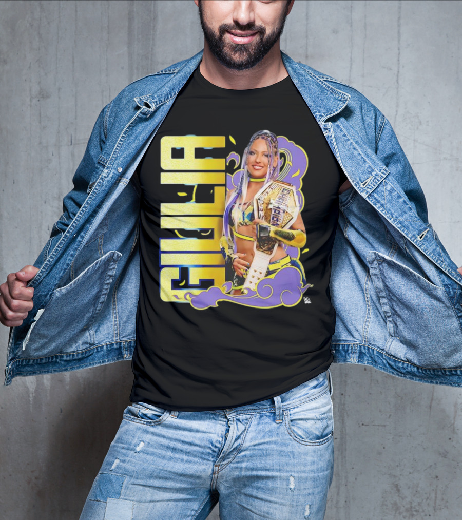 Giulia Smoke Champion Wrestling Character With Belt And Yellow Purple Accents T-Shirt