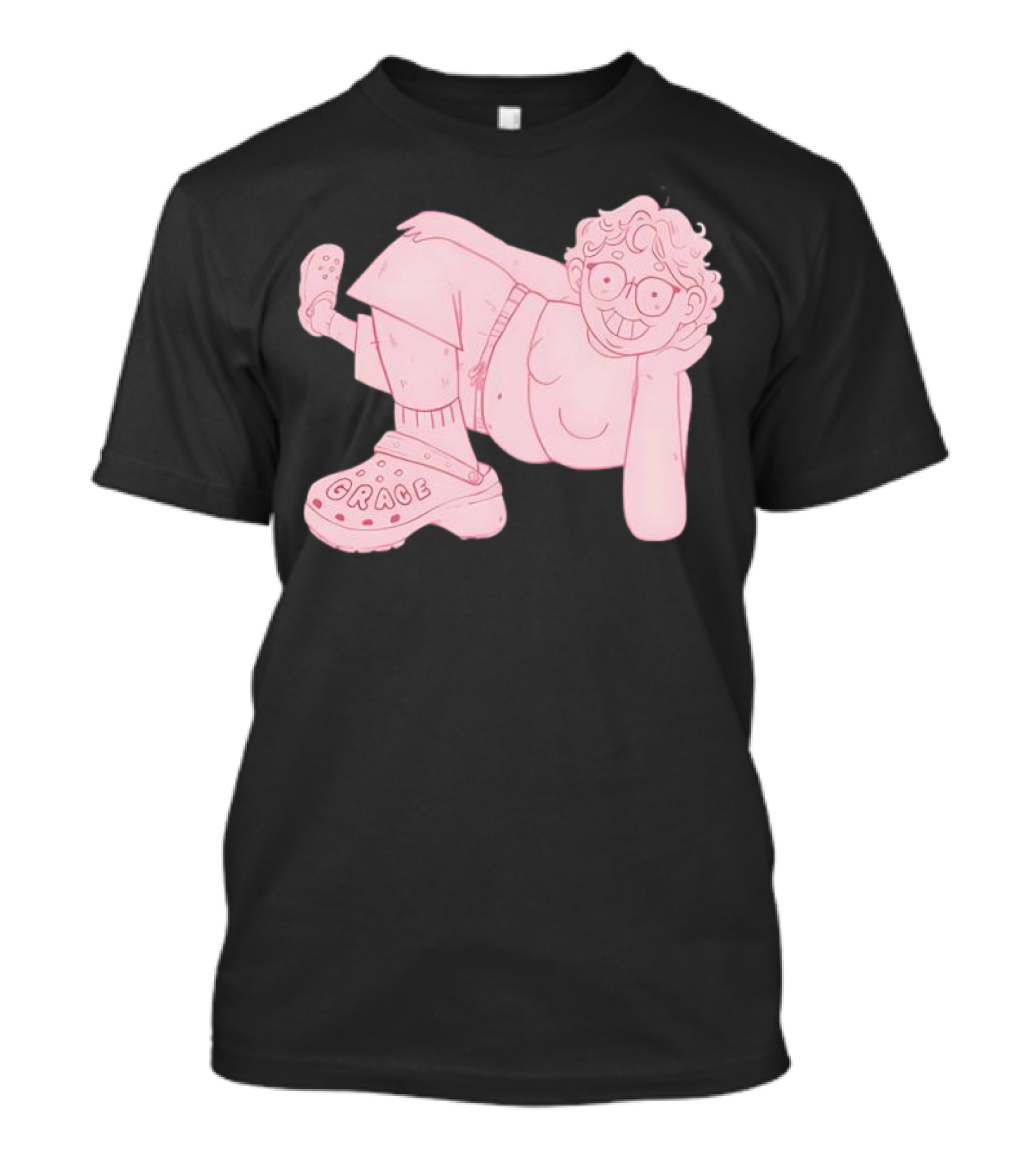 Grace Reiter Crocs Cartoon Character With Pink Outfit And Glasses T-Shirt