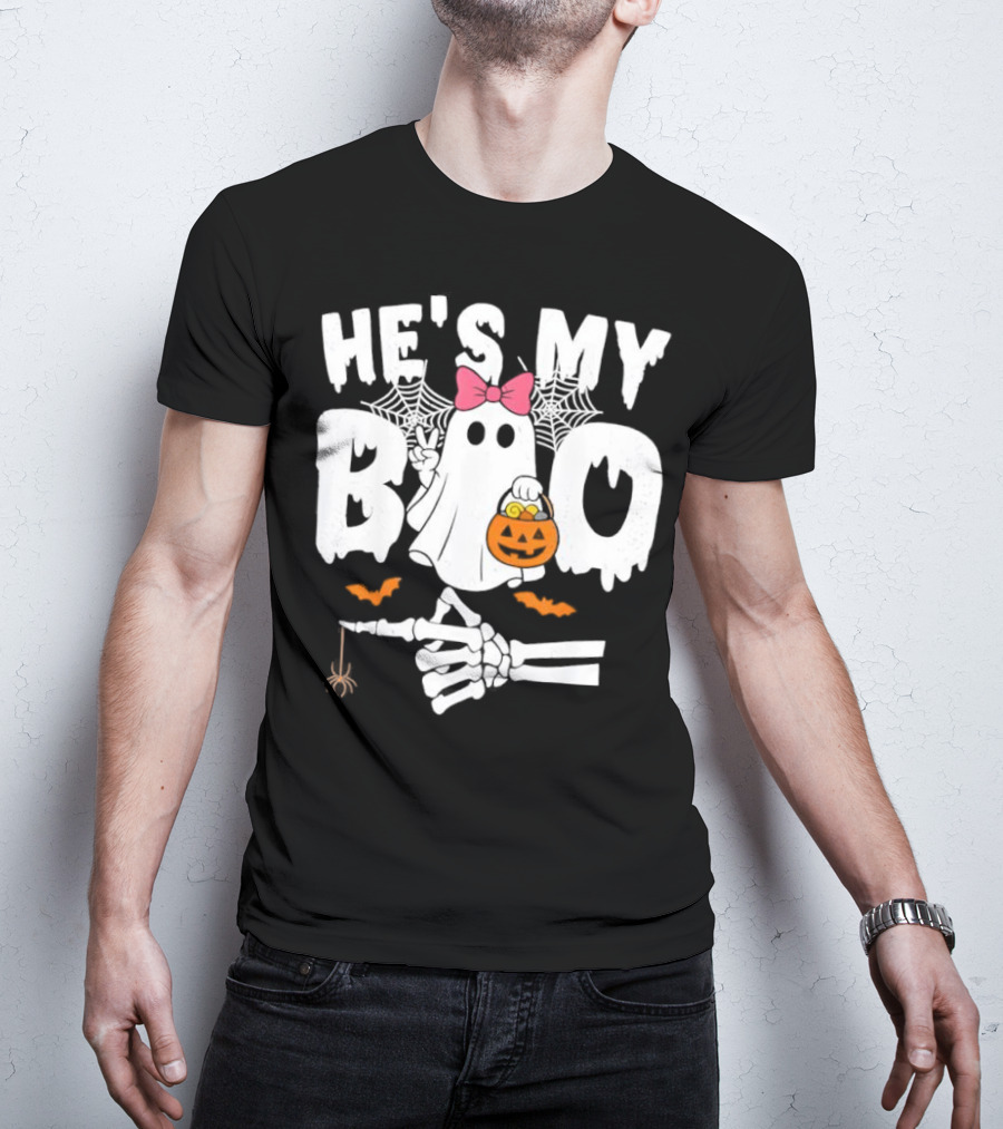He’s My Boo Pink Bow Ghost With Pumpkin Candy Basket And Skeleton Hand Halloween T-Shirt