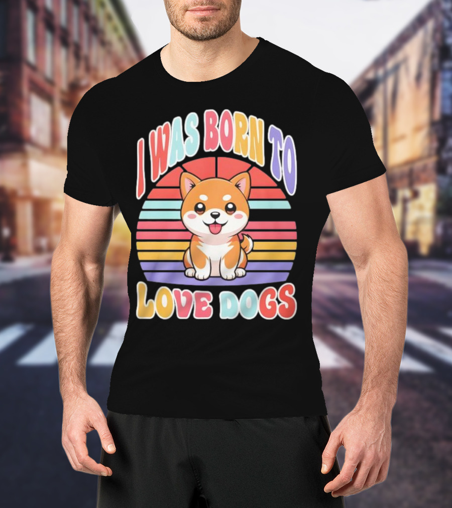 I Was Born To Love Dogs Cute Cartoon Shiba Inu Rainbow Colors T-Shirt