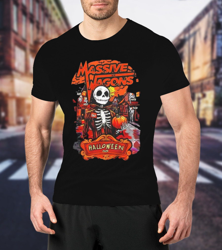 Massive Wagons Halloween 2023 Skeleton Pumpkin Spooky Street Scene T-Shirt
