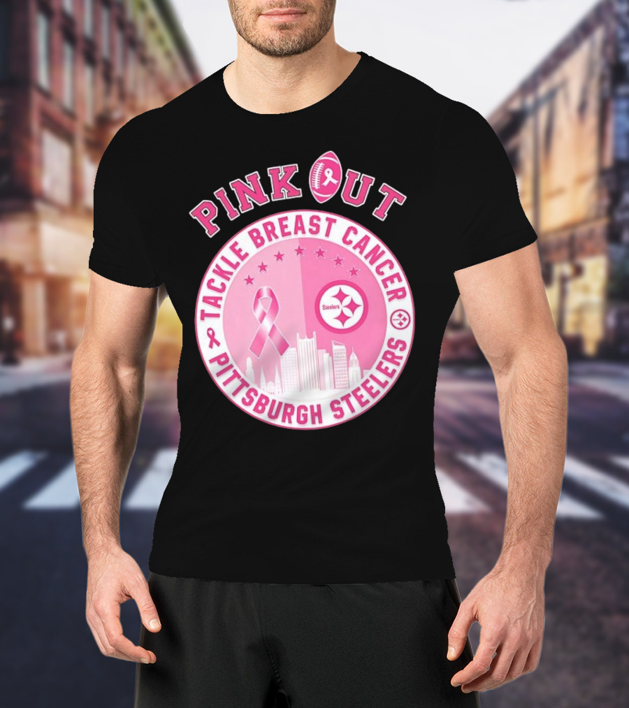 Pink Out Tackle Breast Cancer Pittsburgh Steelers Ribbon Awareness T-Shirt