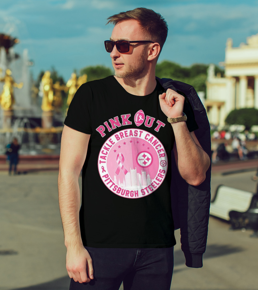 Pink Out Tackle Breast Cancer Pittsburgh Steelers Ribbon Awareness T-Shirt