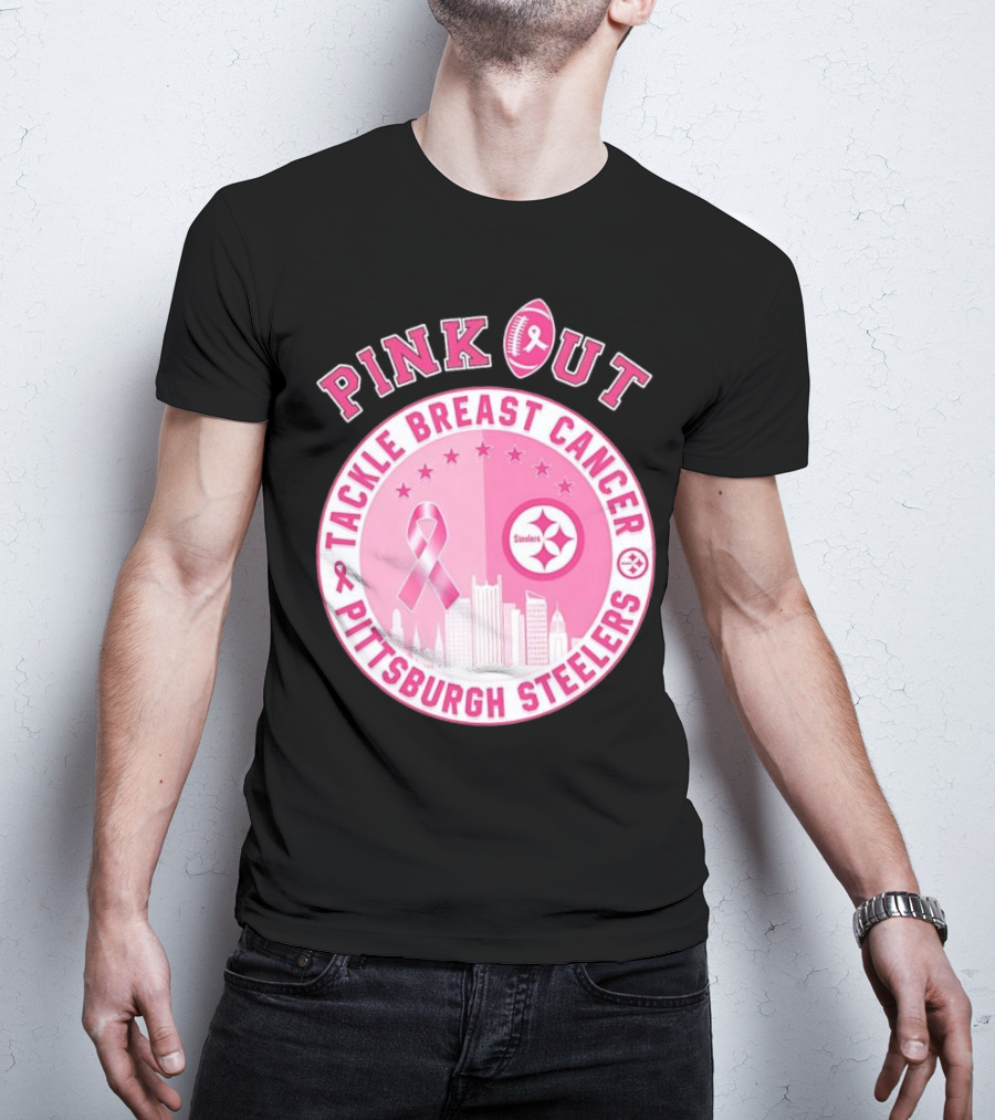 Pink Out Tackle Breast Cancer Pittsburgh Steelers Ribbon Awareness T-Shirt