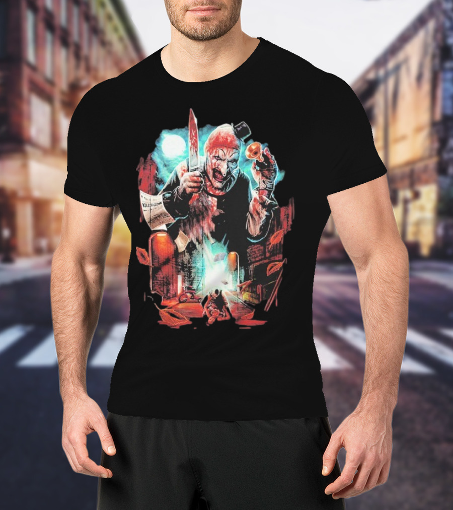 Terrifier Jokes On You Bloodstained Killer Clown With Knife And Newspaper T-Shirt