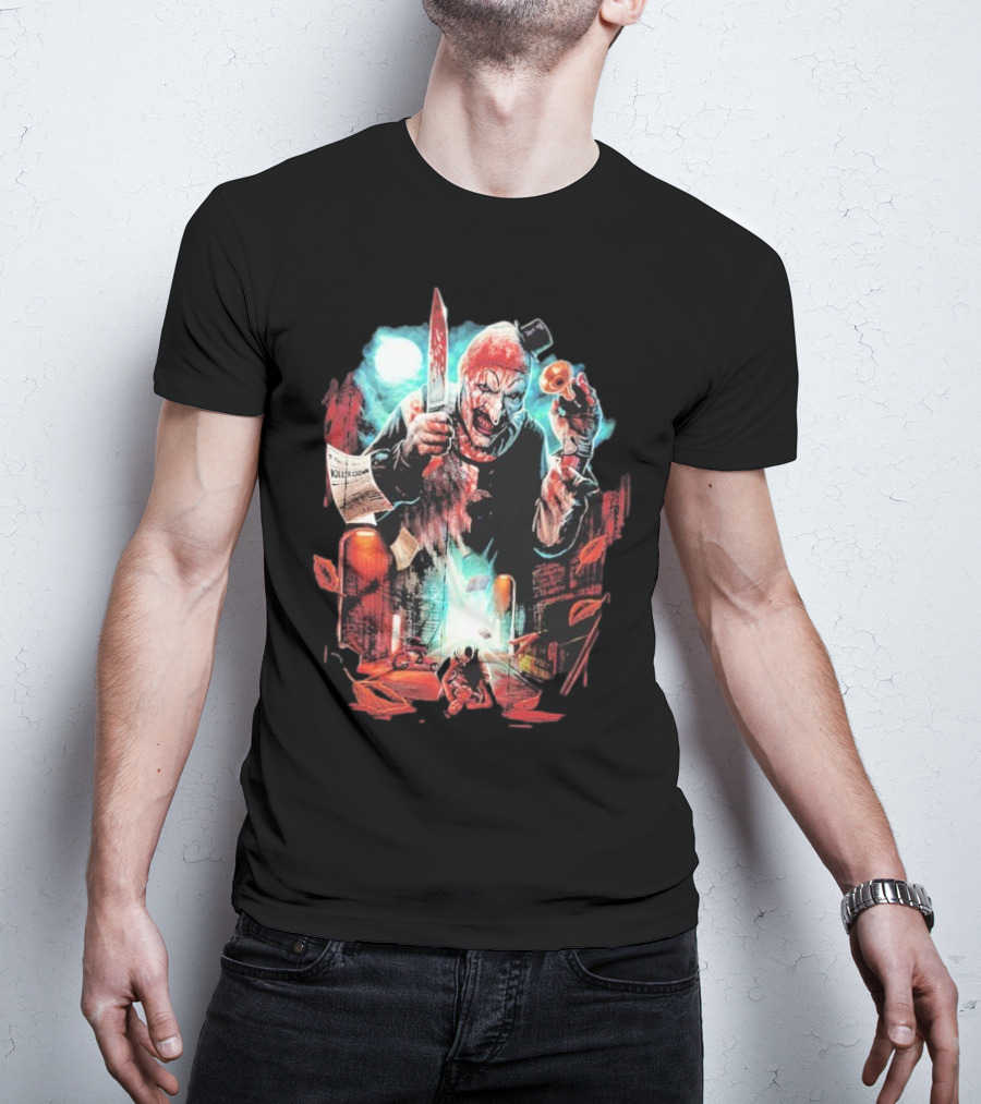 Terrifier Jokes On You Bloodstained Killer Clown With Knife And Newspaper T-Shirt