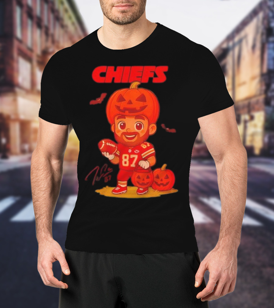 Travis Kelce Kansas City Chiefs Halloween 2025 Pumpkin Football Player Costume 87 T-Shirt