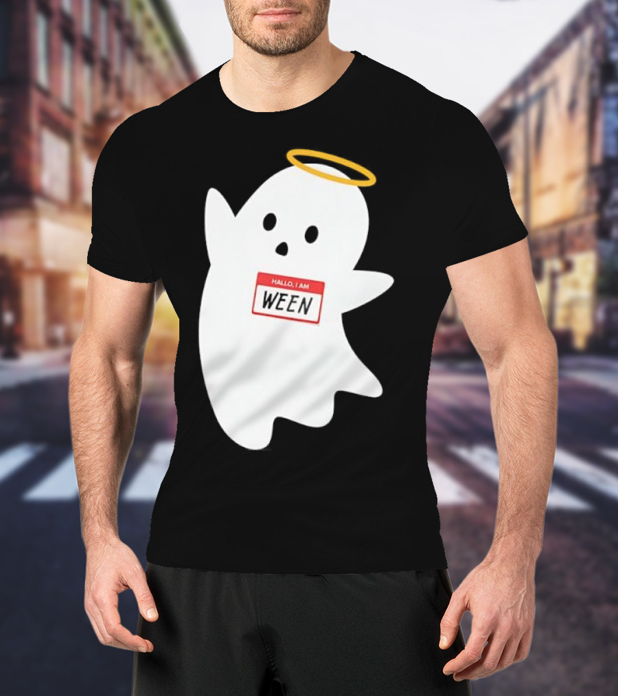Hallo I Am Ween Ghost With Halo And Happy Halloween Name Tag T-Shirt