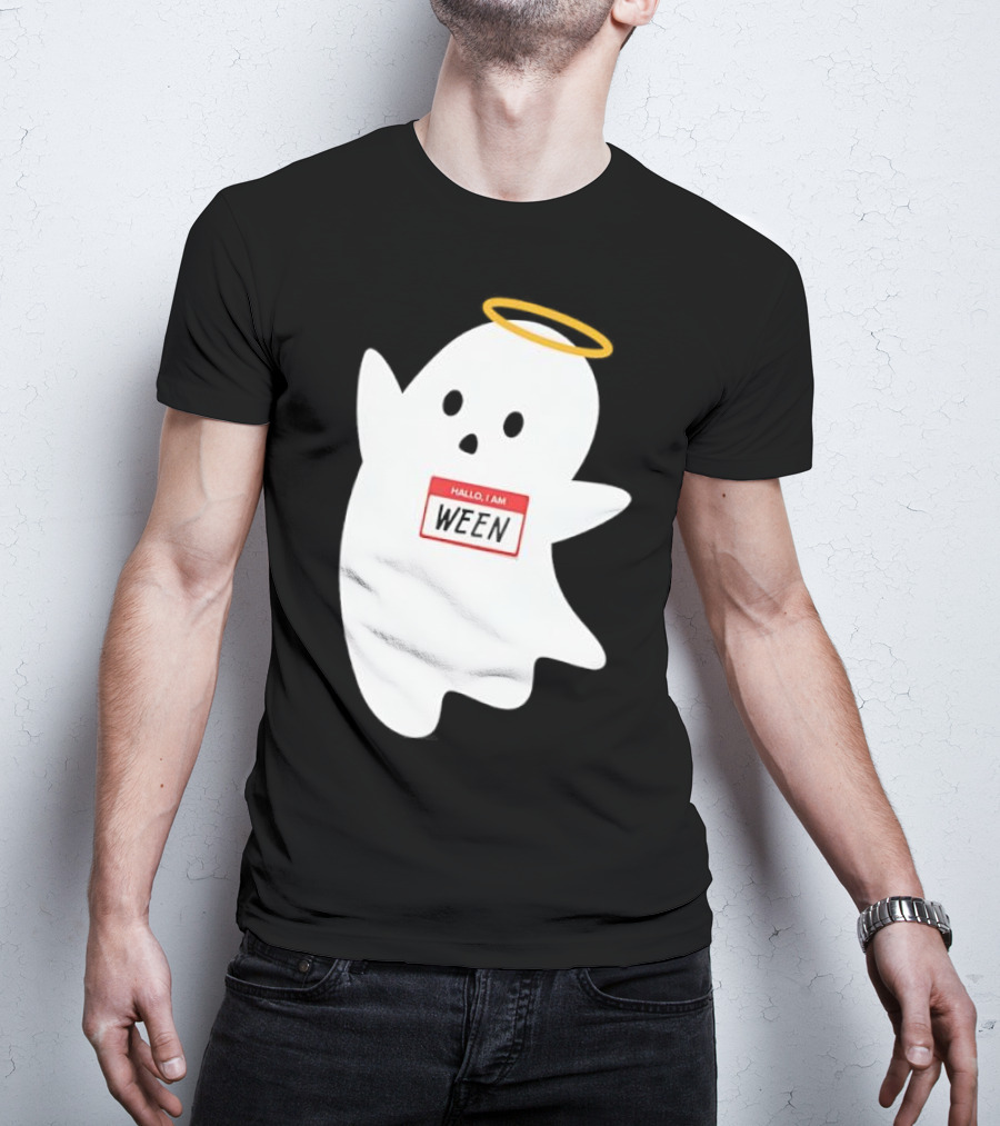 Hallo I Am Ween Ghost With Halo And Happy Halloween Name Tag T-Shirt