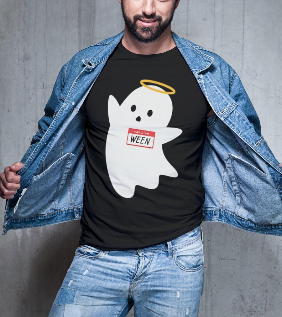 Hallo I Am Ween Ghost With Halo And Happy Halloween Name Tag T-Shirt