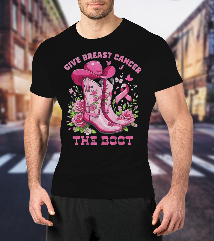 Vintage Pink Cowboy Boots Floral Breast Cancer Awareness T-Shirt