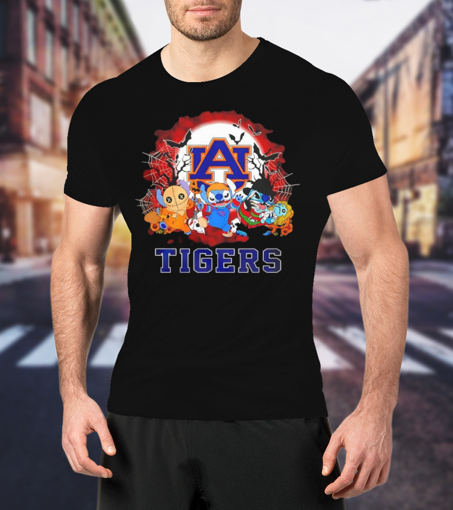 Lilo & Stitch Auburn Tigers Halloween Costumes With Spider Webs And Bats T-Shirt