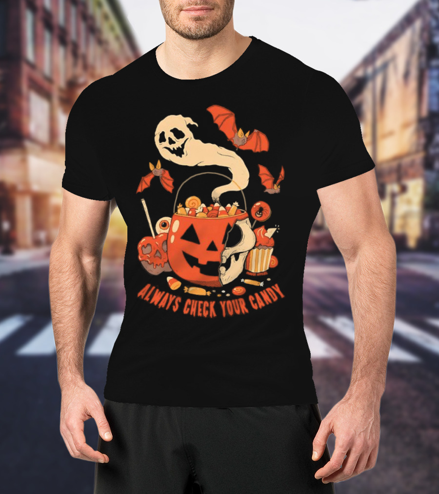 Halloween Always Check Your Candy Spooky Jack-O'-Lantern Ghost Bats And Sweets T-Shirt