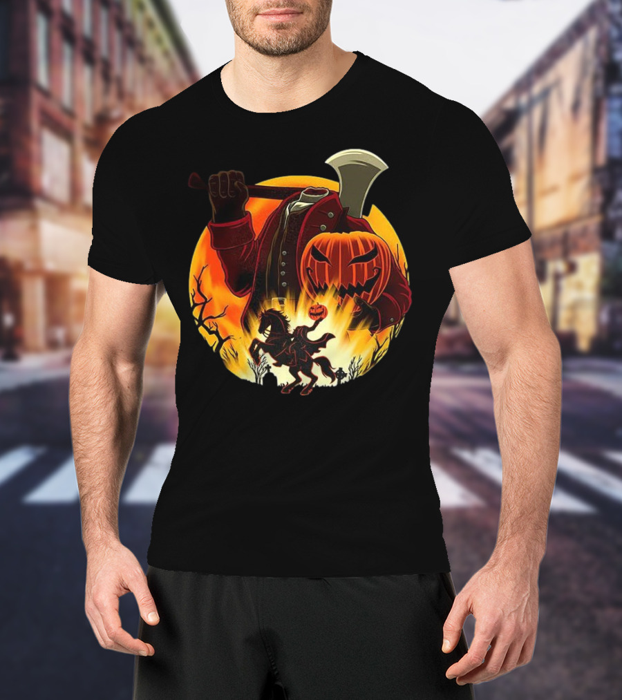 Headless Horseman Galloping Hessian Pumpkin Halloween Axe Rider T-Shirt