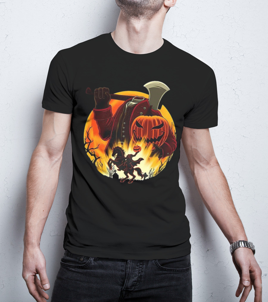 Headless Horseman Galloping Hessian Pumpkin Halloween Axe Rider T-Shirt