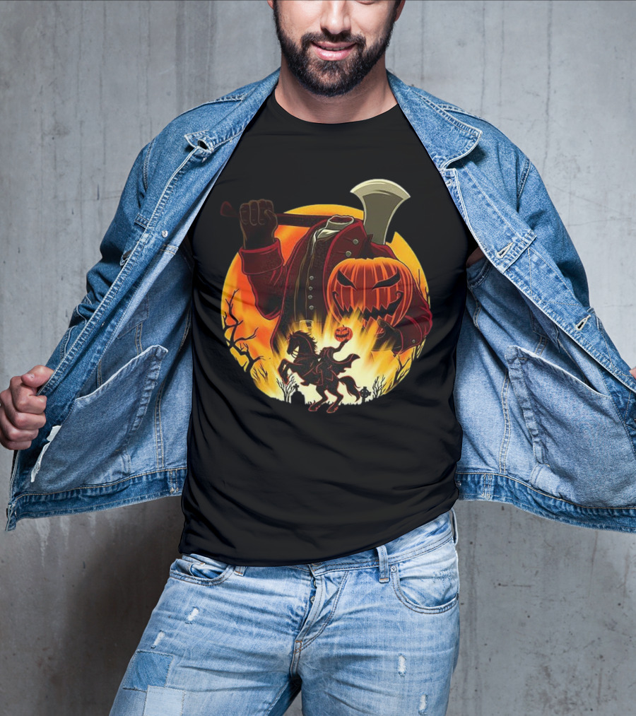Headless Horseman Galloping Hessian Pumpkin Halloween Axe Rider T-Shirt