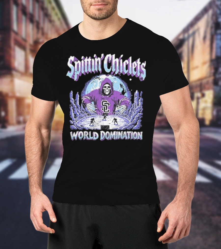 Spittin Chiclets Grim Reaper Hockey World Domination Moon T-Shirt