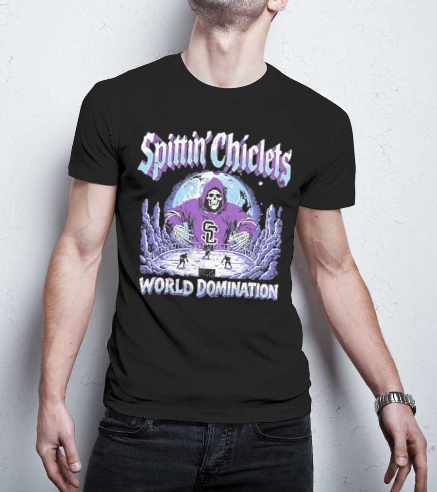 Spittin Chiclets Grim Reaper Hockey World Domination Moon T-Shirt