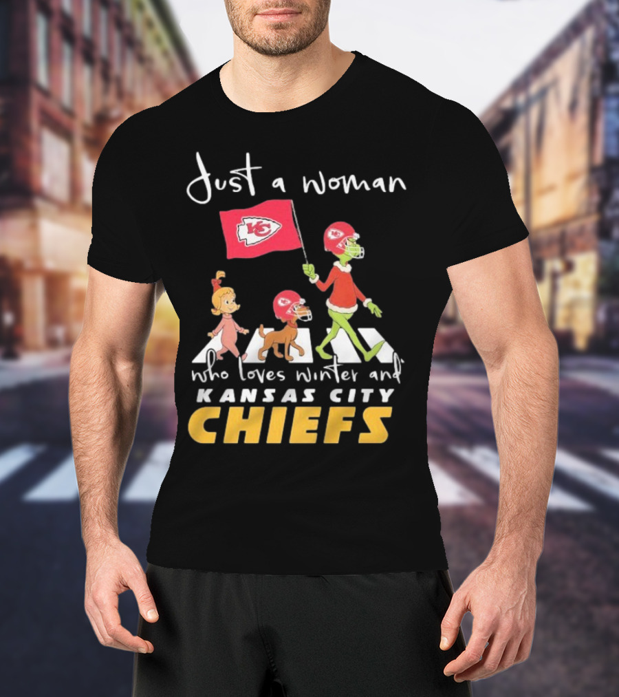 Just A Woman Who Loves Winter And Kansas City Chiefs Abbey Road T-Shirt