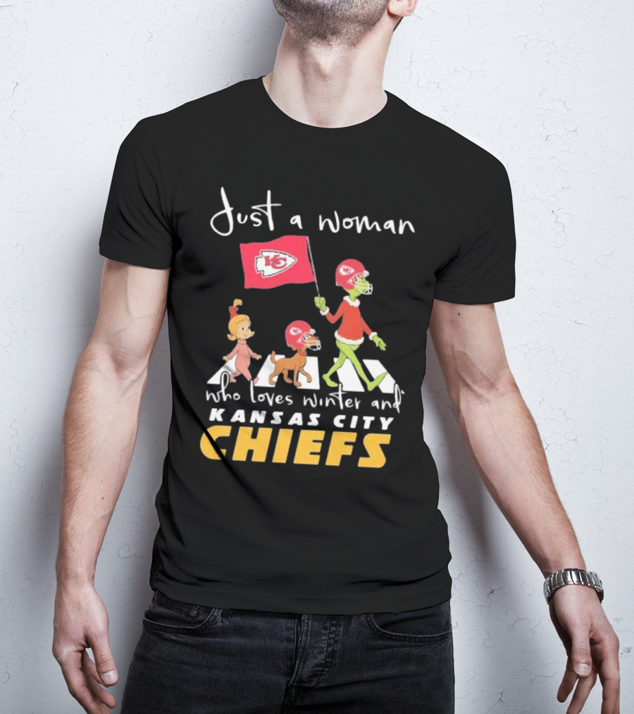 Just A Woman Who Loves Winter And Kansas City Chiefs Abbey Road T-Shirt